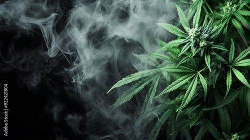 Marijuana leaves on a smoke background, close up top view on cannabis leaves and branches on smoke background for alternative medical and marketing design concept