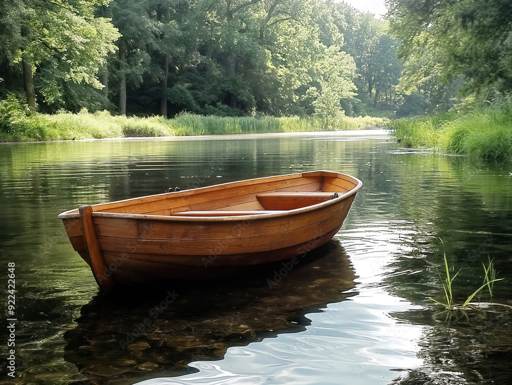 A small wooden boat is floating on a lake. The water is calm and the boat is the only thing visible. The scene is peaceful and serene, with the boat being the only object in the water A small wooden boat is floating on a lake. The water is calm and the boat is the only thing visible. The scene is peaceful and serene, with the boat being the only object in the water