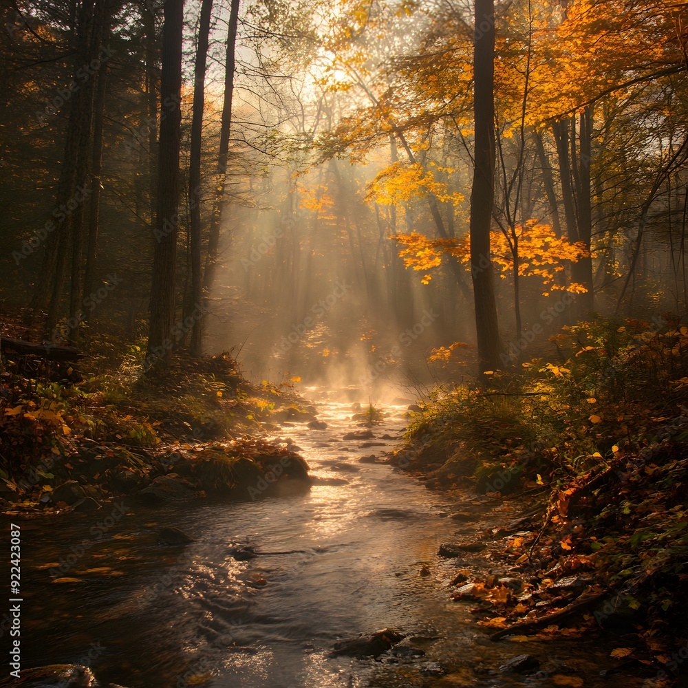 A misty autumn morning in the woods with vibrant folia A misty autumn morning in the woods with vibrant folia