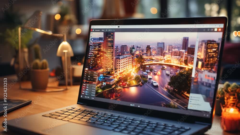 Cozy Evening Workspace With Cityscape on Laptop in Modern Setting Cozy Evening Workspace With Cityscape on Laptop in Modern Setting