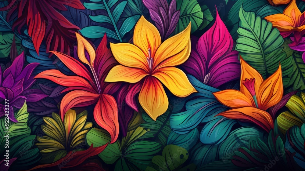 Lush flat design, top view, tropical jungle theme, water color, Triadic Color Scheme Lush flat design, top view, tropical jungle theme, water color, Triadic Color Scheme