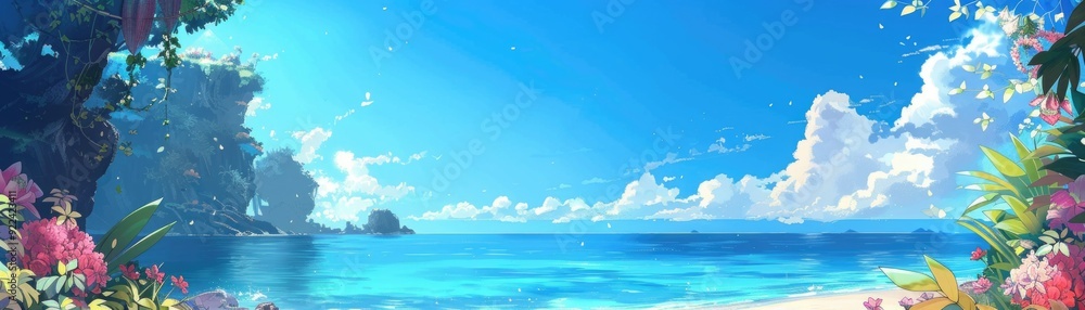 Obraz premium Digital artwork of a serene beach with sparkling blue water, flowers, and vibrant greenery, creating a picturesque coastal scene.