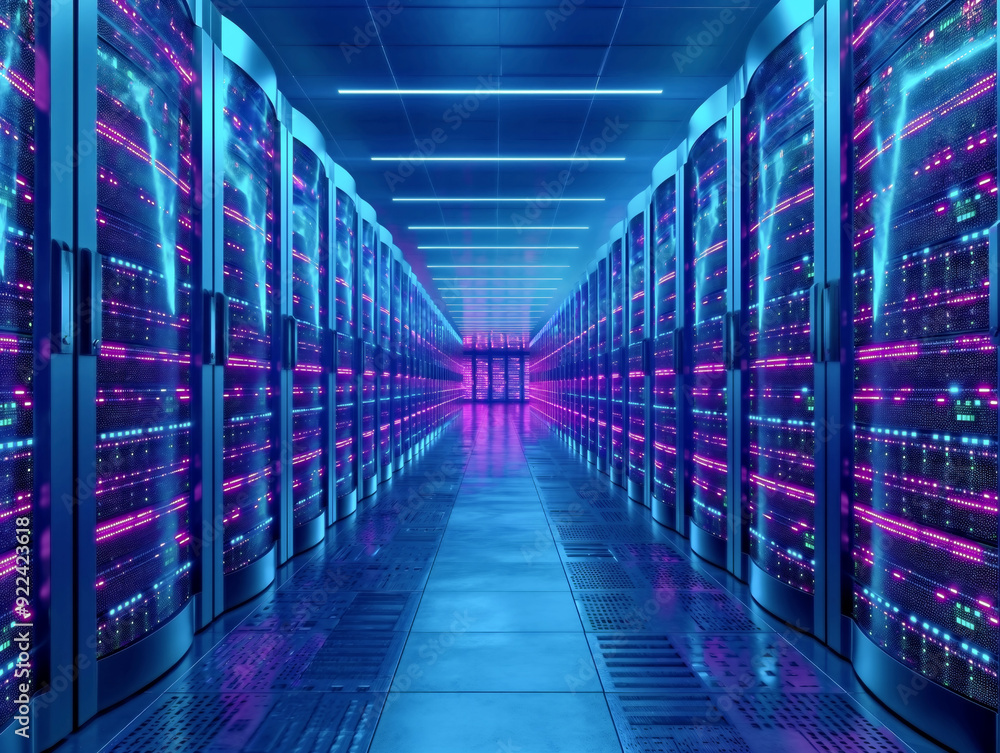 A long hallway with many computer servers. The servers are blue and purple A long hallway with many computer servers. The servers are blue and purple