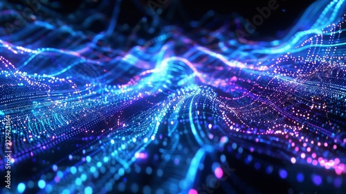 Big data and cybersecurity  High-speed light trails and particle flow in vibrant blue and purple photo