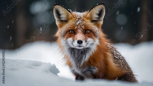 A curious, little fox peeking out from a snowy den