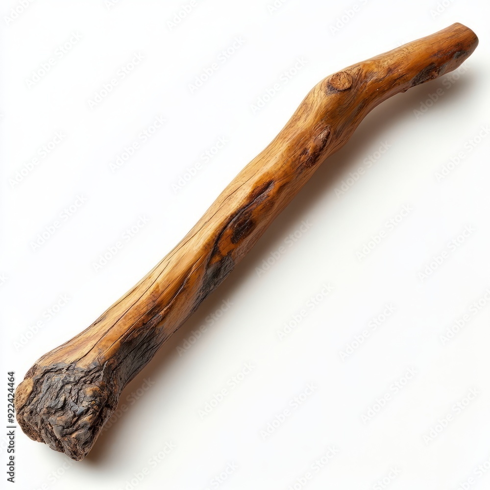 Close up of Wooden curved snag stick on an isolated white background Close up of Wooden curved snag stick on an isolated white background
