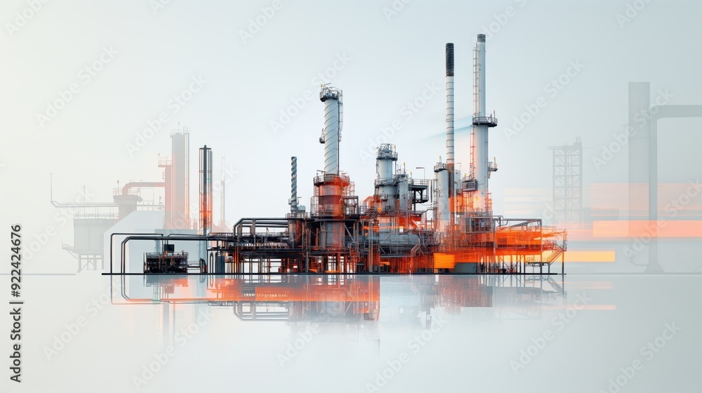 Obraz premium Futuristic digital rendering of an industrial refinery complex with blending elements of technology and architecture, emphasizing pipelines and chimneys.