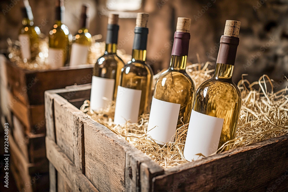 Naklejka premium Wine bottles with blank labels on display in an old wooden crate, close-up shot, soft-focus background of a wine shop, warm and inviting atmosphere, detailed texture of the wood and straw background,