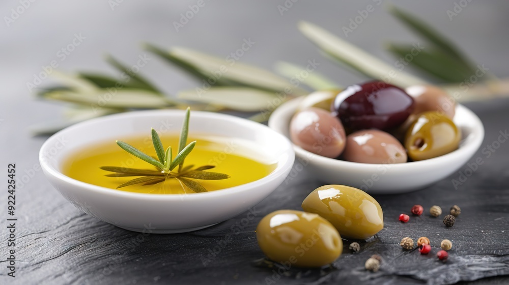 Bowl of olives, bowl of olive oil, and sprig of rosemary side by side Bowl of olives, bowl of olive oil, and sprig of rosemary side by side