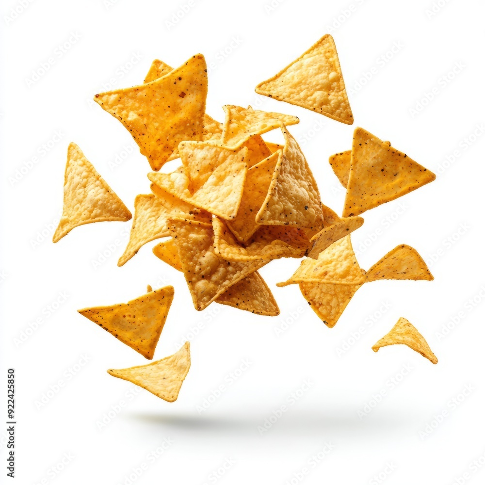 Close up of Flying delicious Mexican nachos chips on an isolated white background Close up of Flying delicious Mexican nachos chips on an isolated white background