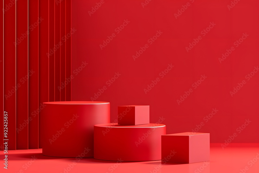 The red background and red cubes create a bold and vibrant atmosphere. The cubes are arranged in a row, with the tallest one in the middle and the shortest one on the right
The red background and red cubes create a bold and vibrant atmosphere. The cubes are arranged in a row, with the tallest one in the middle and the shortest one on the right