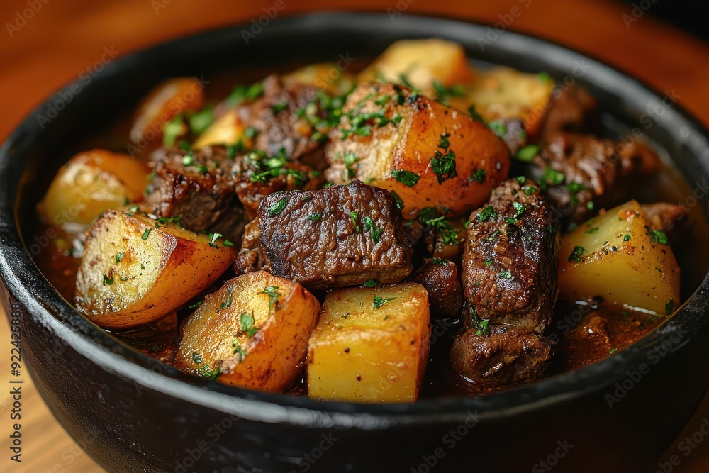 rustic beef stew with tender chunks of meat and golden potatoes rich savory broth glistens in weathered castiron pot evoking comfort and tradition rustic beef stew with tender chunks of meat and golden potatoes rich savory broth glistens in weathered castiron pot evoking comfort and tradition