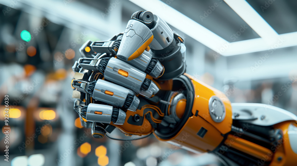Close-up of a highly detailed robotic arm with mechanical components and wiring in an industrial setting with blurred background. Close-up of a highly detailed robotic arm with mechanical components and wiring in an industrial setting with blurred background.