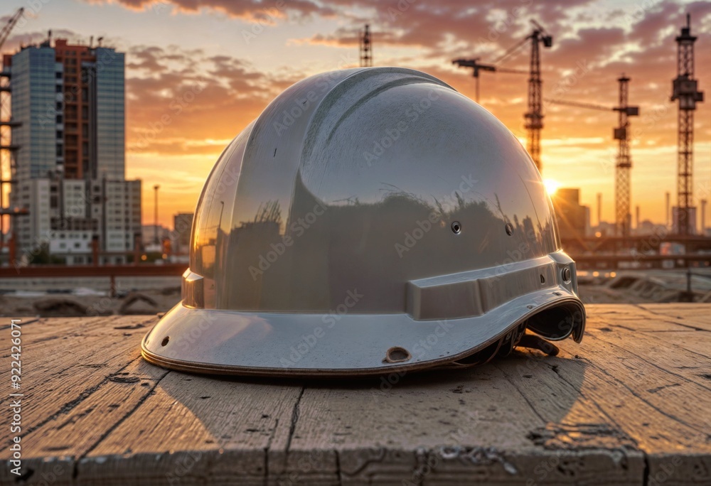 Beautiful image of an engineering helmet at sunset, civil construction Beautiful image of an engineering helmet at sunset, civil construction