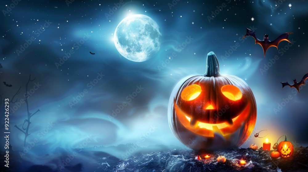 Fototapeta premium pumpkins with faces glowing from within in a forest. halloween concept