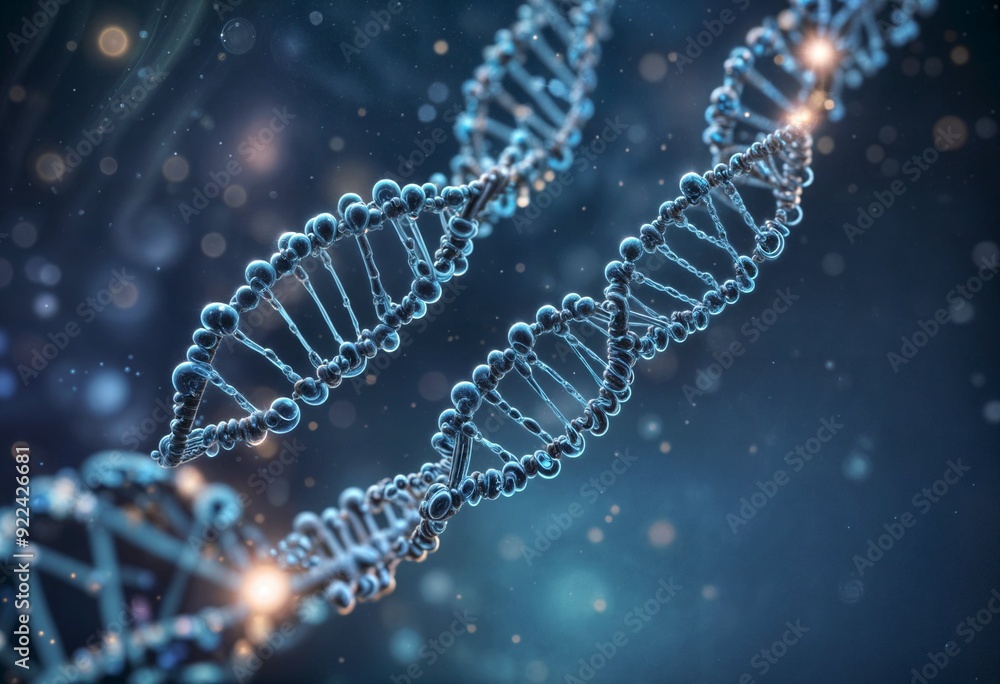 Spiral of Blue DNA double helix with light bokeh and bubble on beautiful blue background. Spiral of Blue DNA double helix with light bokeh and bubble on beautiful blue background.