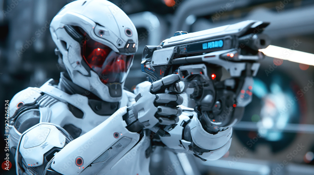 Futuristic robotic soldier in white armor holding an advanced weapon in a high-tech environment. Futuristic robotic soldier in white armor holding an advanced weapon in a high-tech environment.