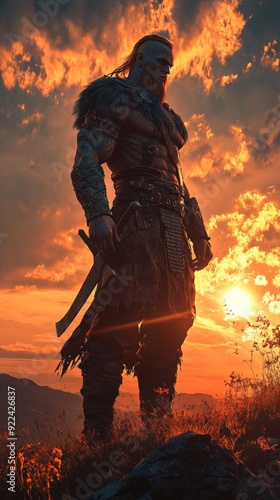 Powerful viking warrior posing with swords at sunset