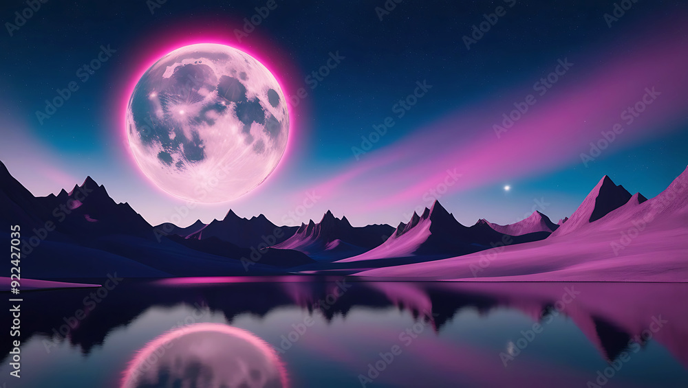 Fototapeta premium A mystical beautiful digital art moon mountains lake purple sky landscape