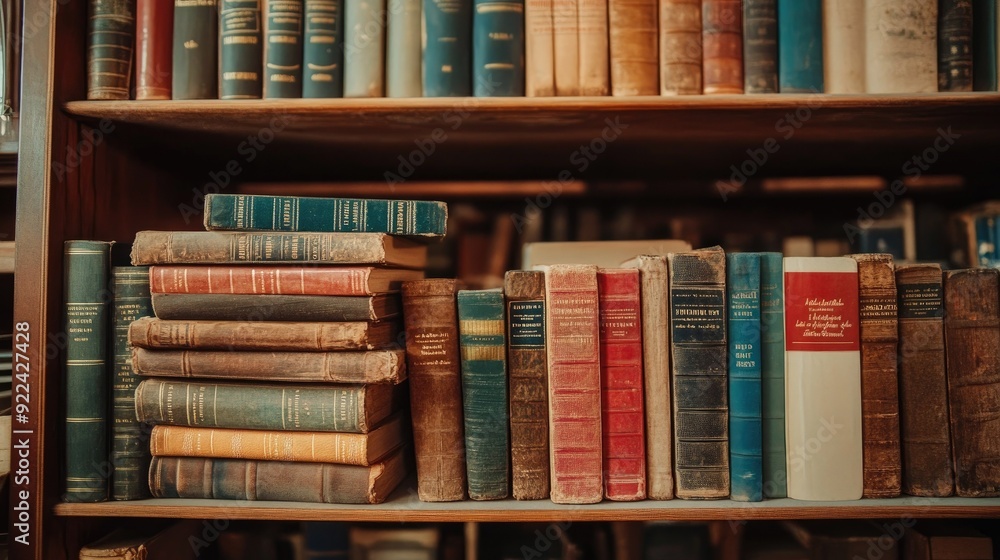 Naklejka premium A well-used bookshelf, featuring a blend of old, worn books alongside newer editions, each telling its own story.