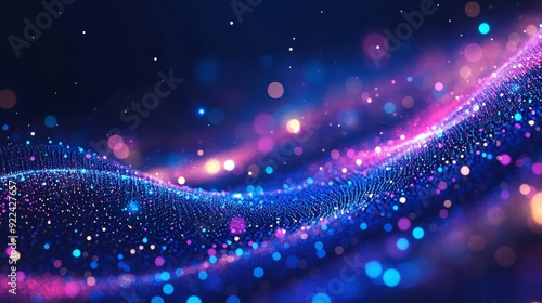 The background is an abstract futuristic wave pattern. Network connections are shown as dots and lines. The scene is rendered in 3D.