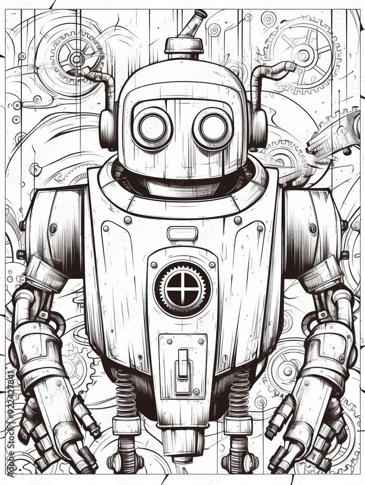 Coloring book page cover old and rusty robot carton Coloring book page cover old and rusty robot carton