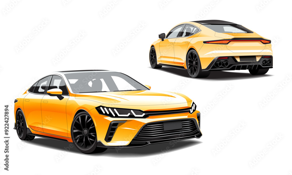 Realistic vector orange car sport front and black view transportation on isolated background Realistic vector orange car sport front and black view transportation on isolated background