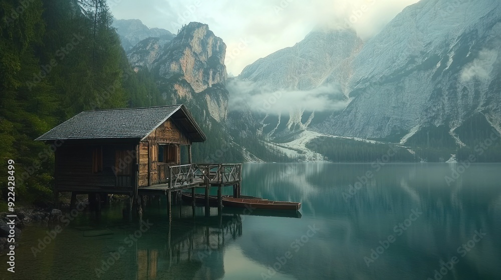 Fototapeta premium Secluded Cabin by a Mountain Lake