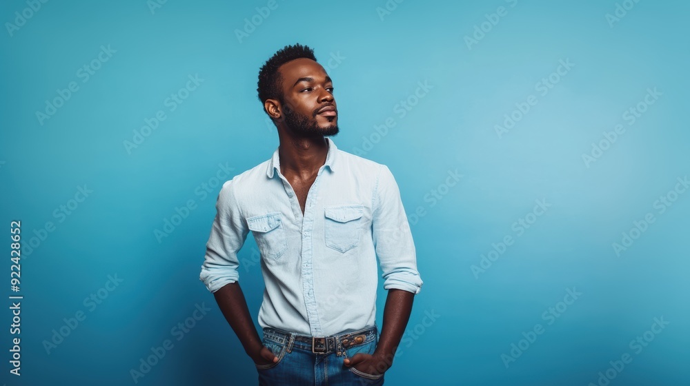 Obraz premium A stylish man in a light shirt stands confidently against a vibrant blue wall, with hands in pockets, exuding cool charm. Copy space for your custom text.