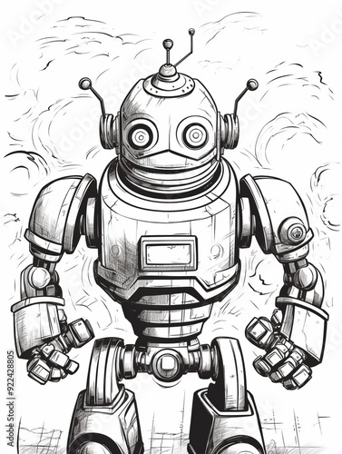 Coloring book page cover old and rusty robot carton