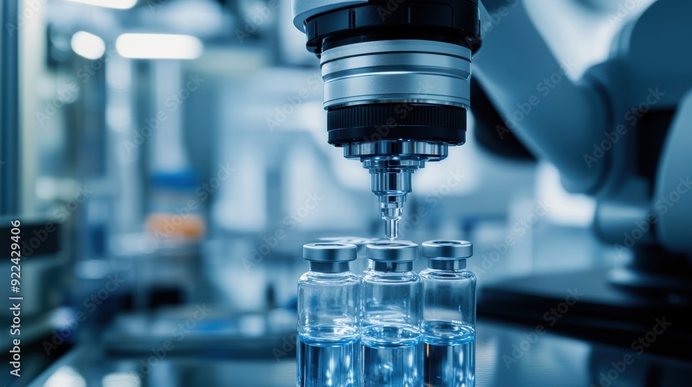 A close-up of a laboratory setting where a robotic arm fills vaccine vials with precision, symbolizing technological advancement and scientific research. A close-up of a laboratory setting where a robotic arm fills vaccine vials with precision, symbolizing technological advancement and scientific research.