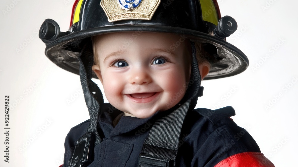 Smiling baby dressed in a cute firefighter uniform, beaming with joy and radiating innocence. Smiling baby dressed in a cute firefighter uniform, beaming with joy and radiating innocence.