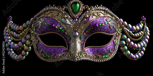 A purple and gold masquerade mask with iridescent beads on a black background.