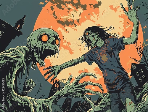 A chilling scene of a girl confronting a zombie under a full moon, embodying the essence of horror and the supernatural.