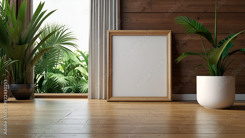 Blank photo frame mockup with tropical Plants on green Wall background, Blank photo frame mockup with tropical Plants on green Wall background,