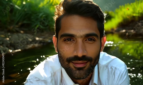 Close-Up of Tunisian Man Wading in a Stream with Traditional Attire