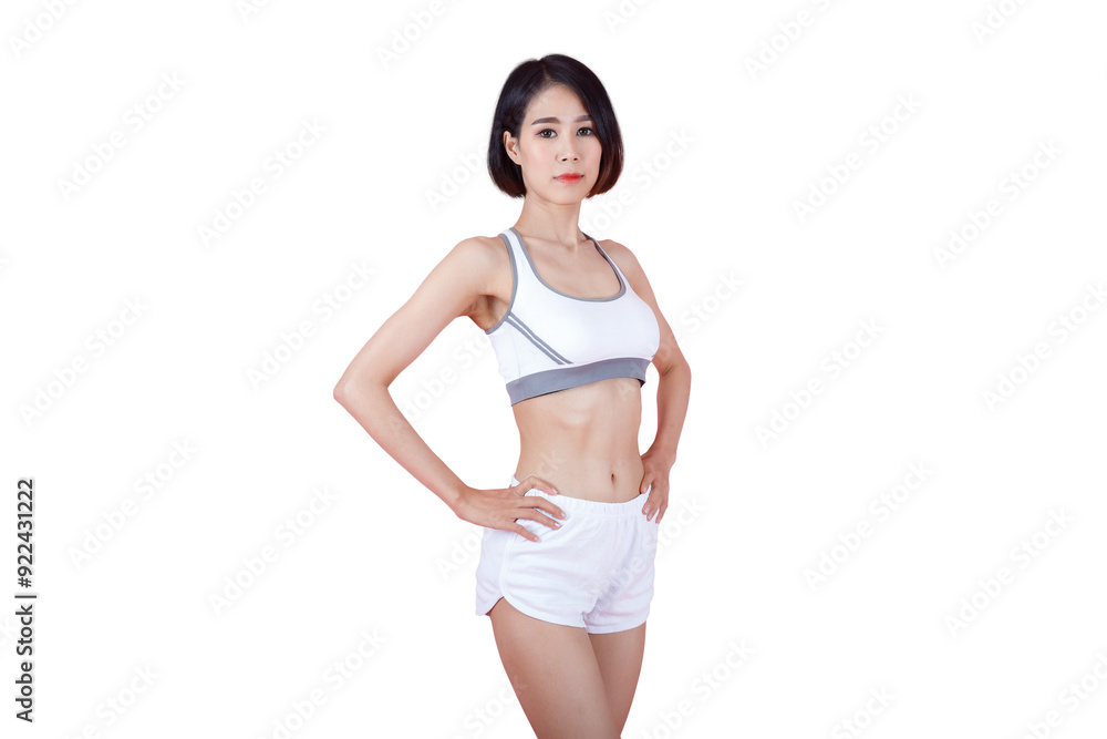 Young fitness woman in sportswear stand with arms akimbo isolated on transparent background. Healthy lifestyle concept. Young fitness woman in sportswear stand with arms akimbo isolated on transparent background. Healthy lifestyle concept.