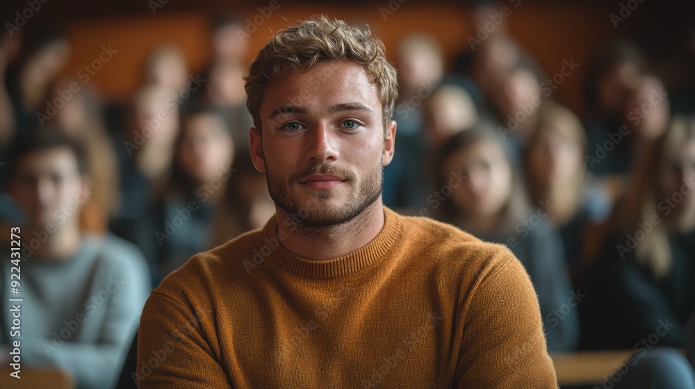 A man in a mustard sweater sits amidst a group, looking confidently ahead in a focused setting, with a soft background blur. A man in a mustard sweater sits amidst a group, looking confidently ahead in a focused setting, with a soft background blur.