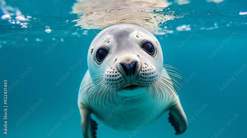 Fototapeta premium Cute seal pup looking into camera while floating on clear blue ocean surface. Photographed off Montague Island on the South Coast of NSW, Australia