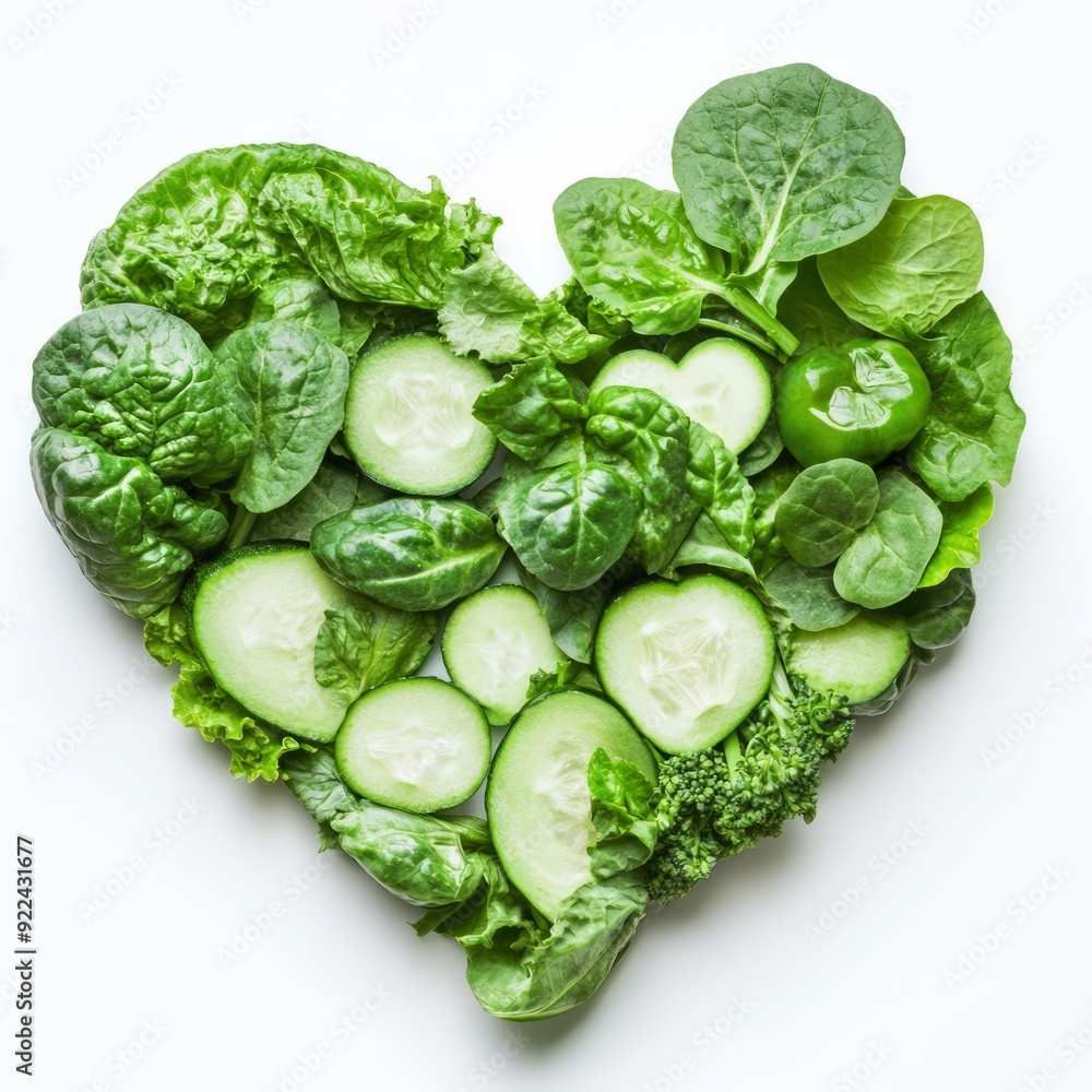Obraz premium Close up of Heart shape green vegetables, Green healthy vegetables in the shape of a heart on an isolated white background