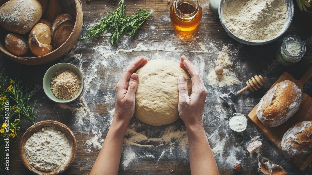Fototapeta premium Hands knead dough on a flour-covered surface surrounded by baking ingredients, embodying the art of bread-making in a cozy kitchen.