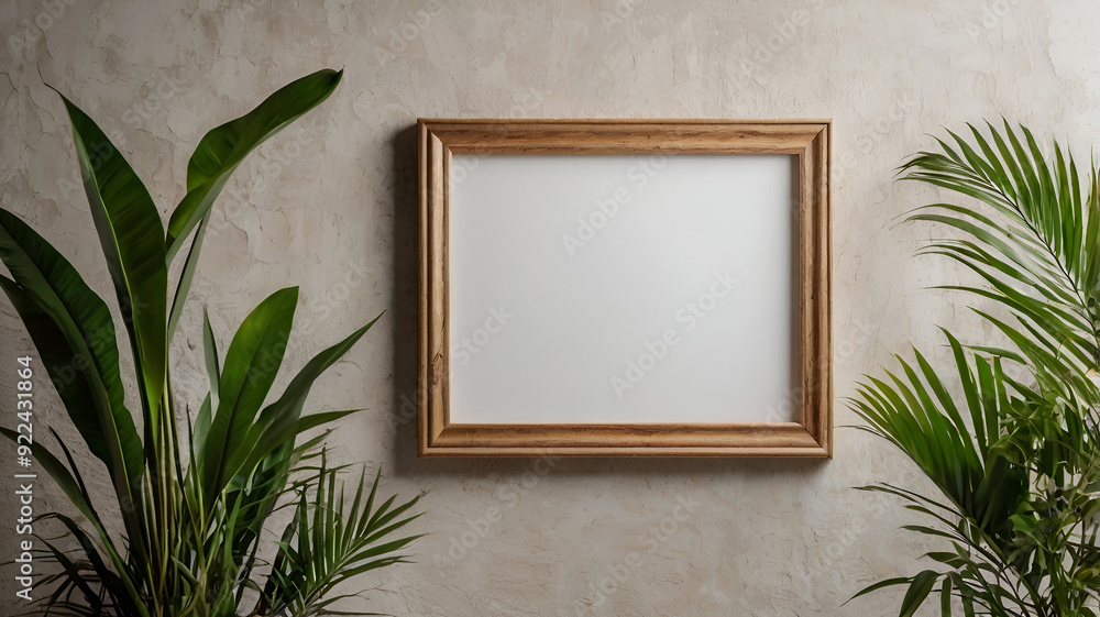 Blank photo frame mockup with tropical Plants on green Wall background, Blank photo frame mockup with tropical Plants on green Wall background,