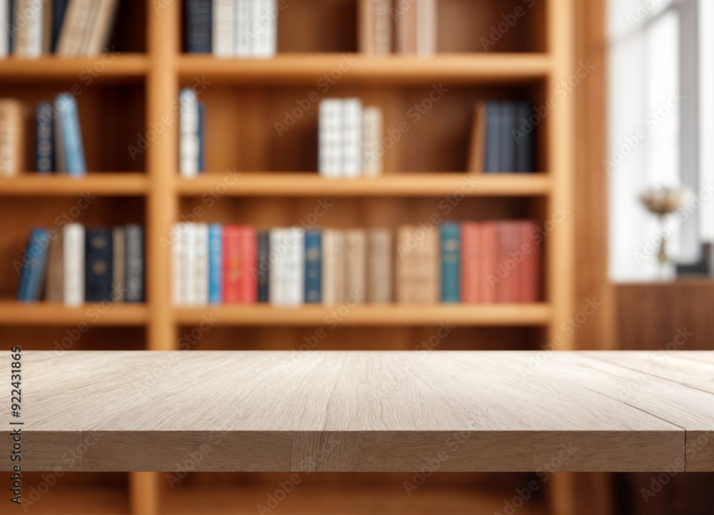 white The empty wooden table top with blur background of bookcase. Exuberant image white The empty wooden table top with blur background of bookcase. Exuberant image