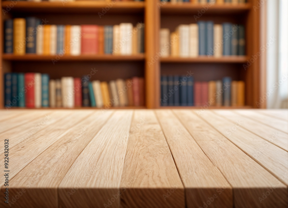 white The empty wooden table top with blur background of bookcase. Exuberant image white The empty wooden table top with blur background of bookcase. Exuberant image
