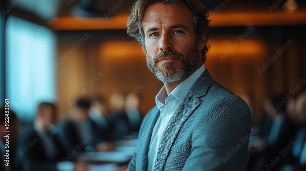 Fototapeta premium A man in a tailored suit stands confidently in a softly lit boardroom, suggesting authority and poise amidst a professional setting.