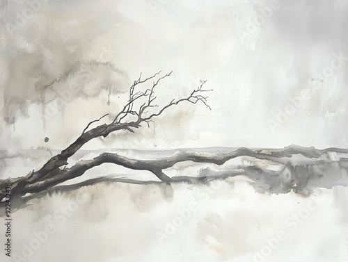 A serene monochromatic landscape featuring an elegant bare branch against a soft, abstract background, evoking tranquility. photo