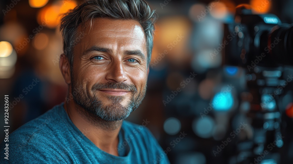 A friendly and approachable man sitting by a camera, smiling warmly with a soft focus background of cozy, ambient lights. A friendly and approachable man sitting by a camera, smiling warmly with a soft focus background of cozy, ambient lights.