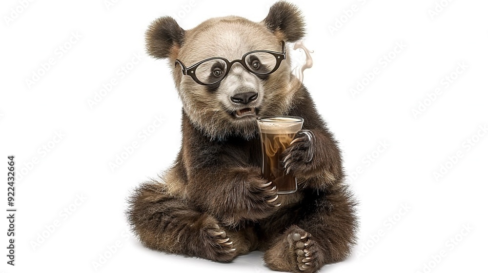 A brown bear with glasses, holding a glass of beer, sits on hind legs against white background A brown bear with glasses, holding a glass of beer, sits on hind legs against white background