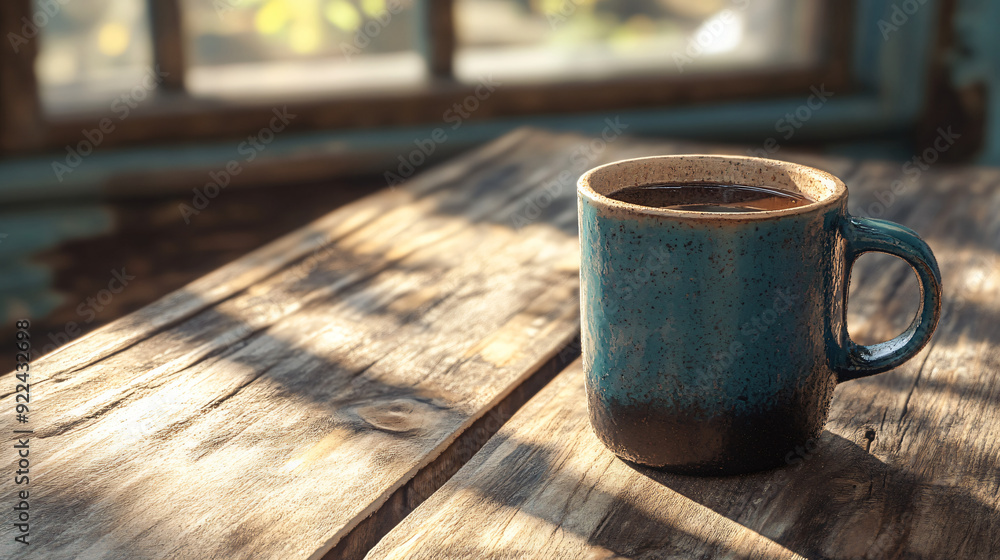 Ceramic coffee cup with a framed area on a wooden table Ceramic coffee cup with a framed area on a wooden table