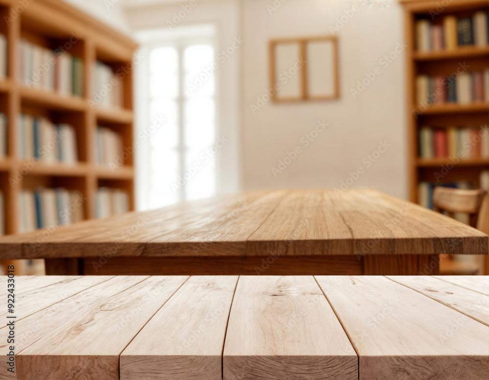 white The empty wooden table top with blur background of bookcase. Exuberant image white The empty wooden table top with blur background of bookcase. Exuberant image